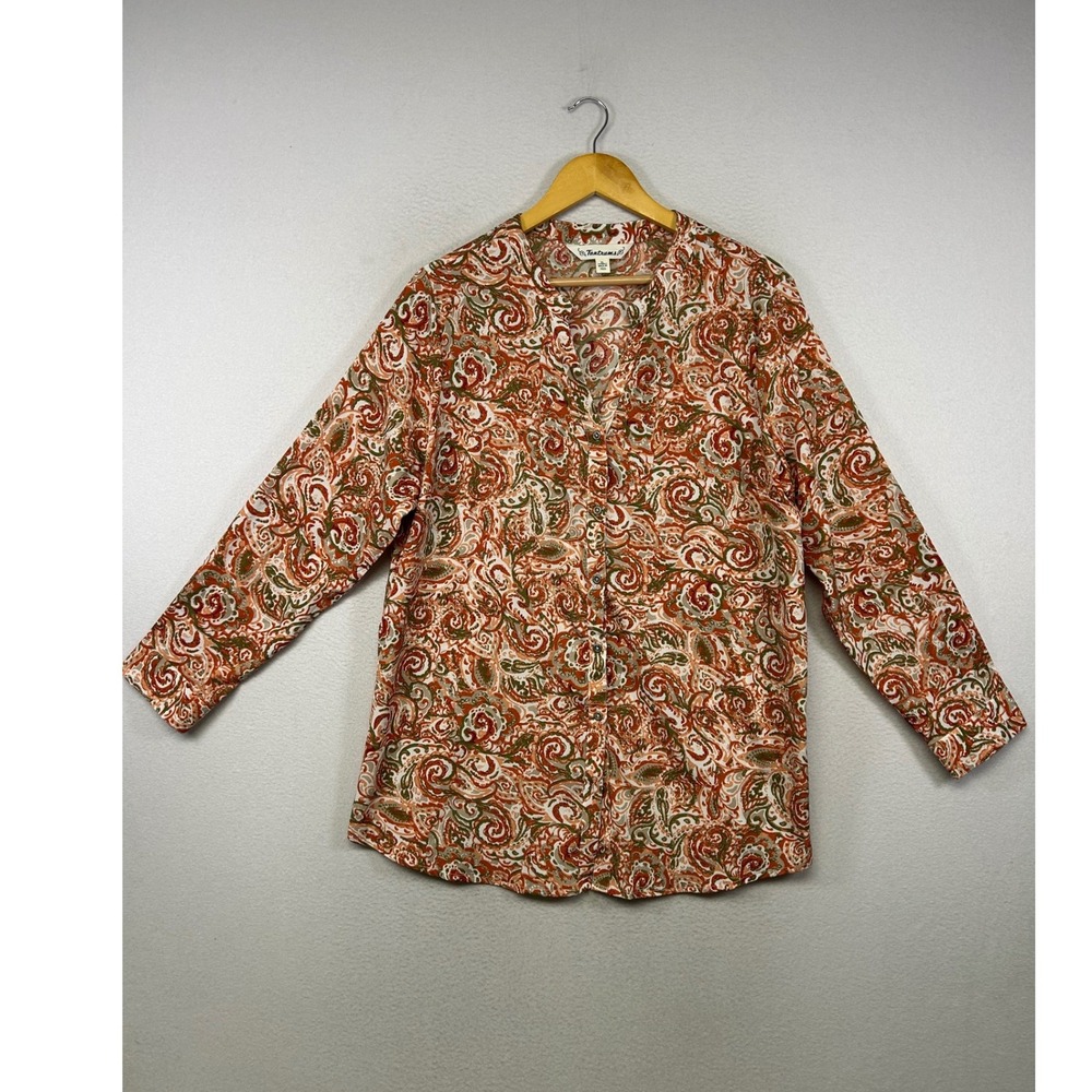 Boho Paisley Tantrums Womens XL Orange Green Button Up Long Sleeve Blouse Top